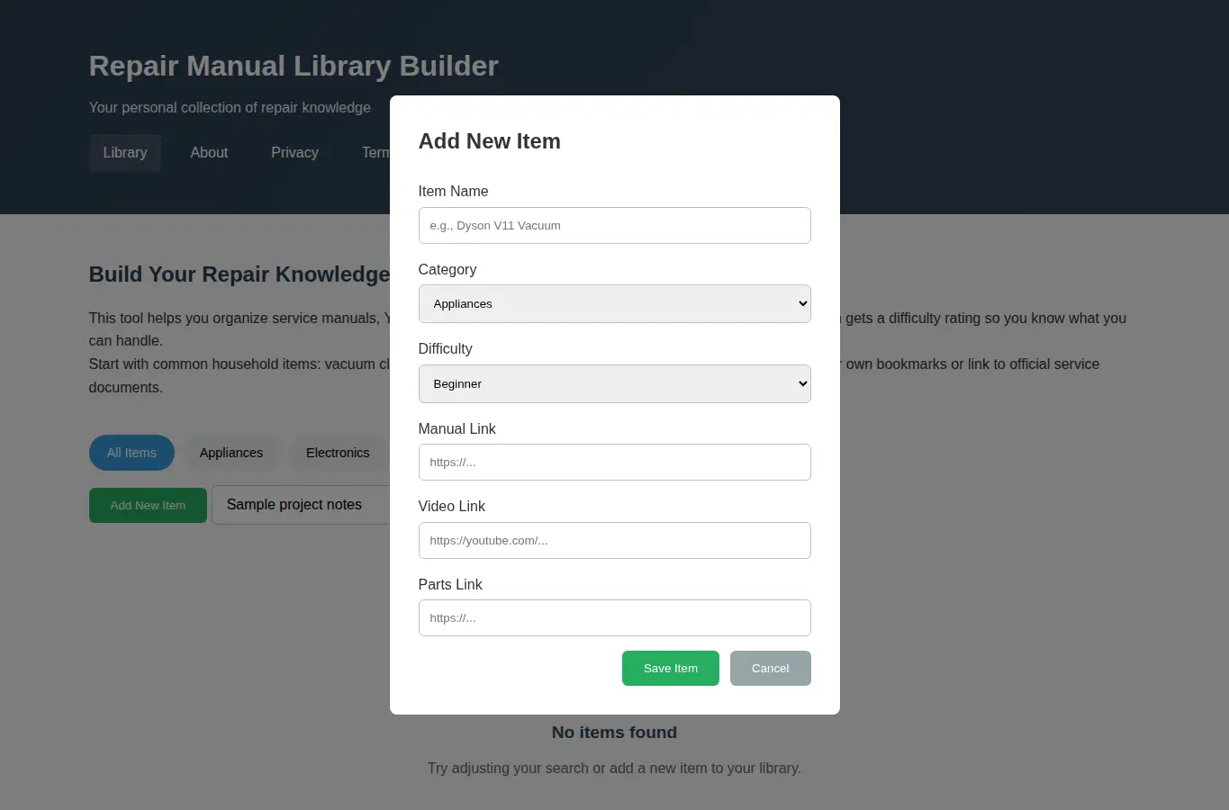 Screenshot of Repair Manual Library Builder interface showing the project page in use